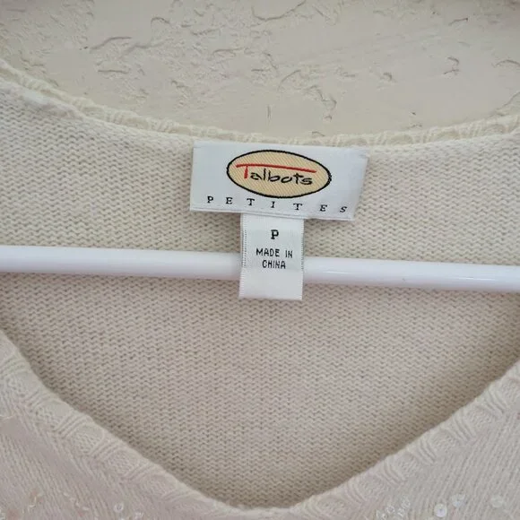 Vintage Talbots Sweater Beaded Wool Cashmere Cotton Knit Winter Snowflake Size P - Picture 5 of 7